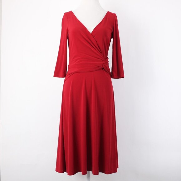 Joseph Ribkoff Dress Sz 6 Red V Neck 3/4 Sleeve Fit Flare Faux Wrap Poly Dress - Picture 3 of 12
